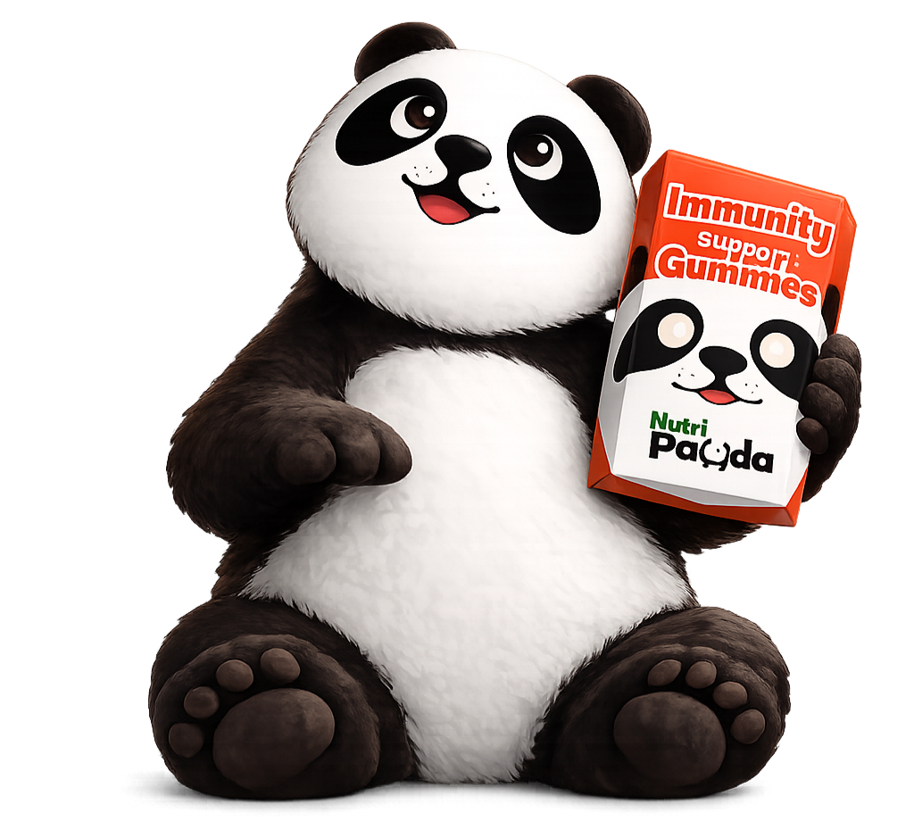 NutriPanda mascot holding gummy bears
